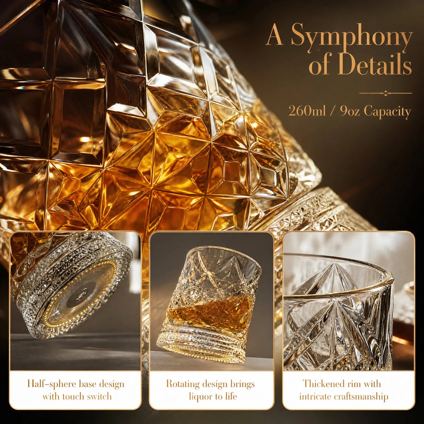 Rotating Whiskey Glass With LED Light Up Coaster Set
