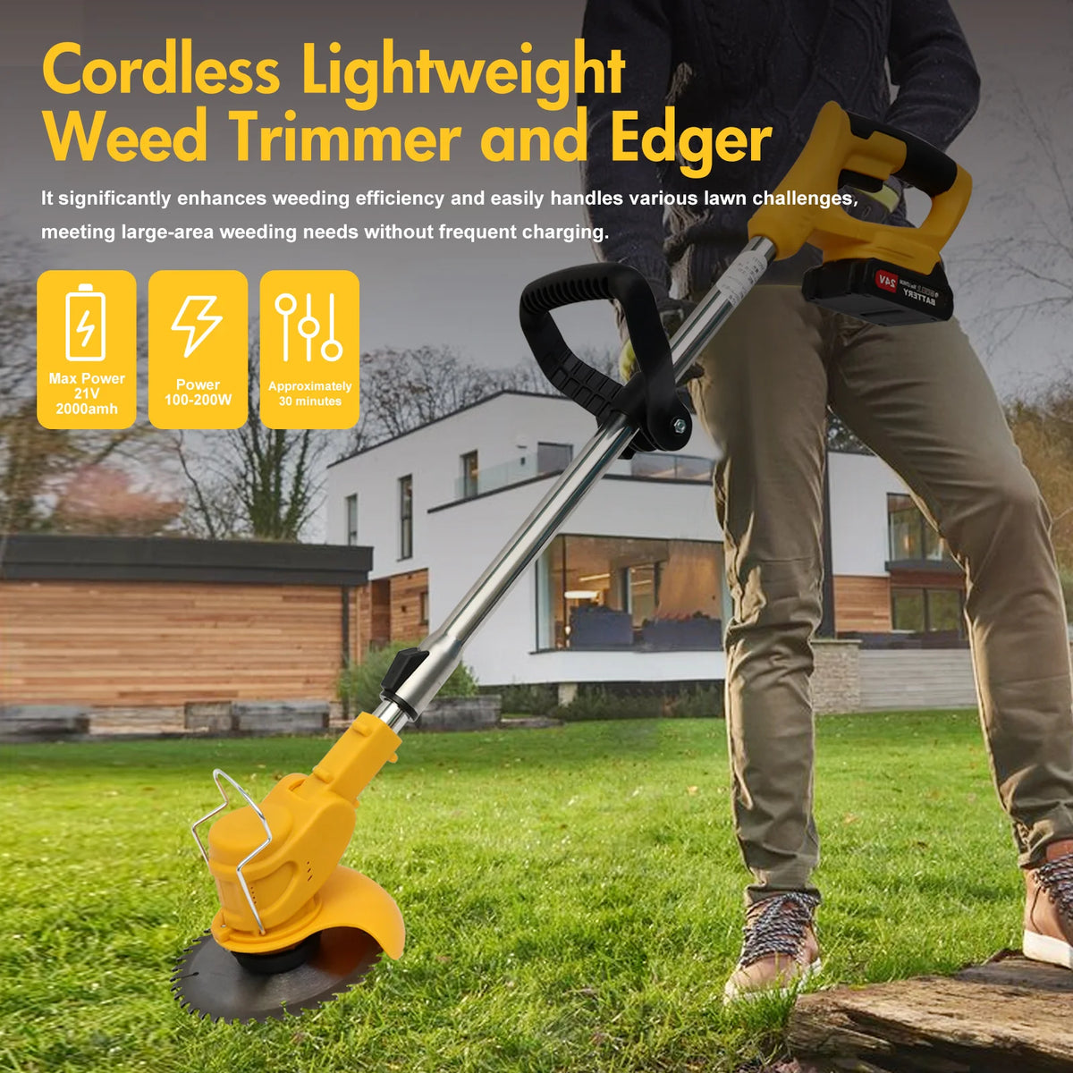 21V Cordless Grass Trimmer Electric 3-in-1 Lightweight with 2x2.0Ah Lithium-ion Batteries Charger Lawn Mower Edger Brush Cutter