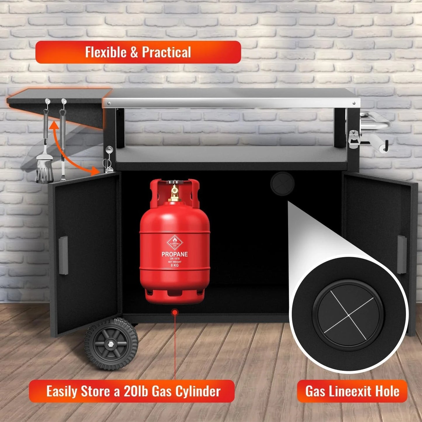 Outdoor Grill Cart With Cabinet And Lockable Wheels Stainless Steel