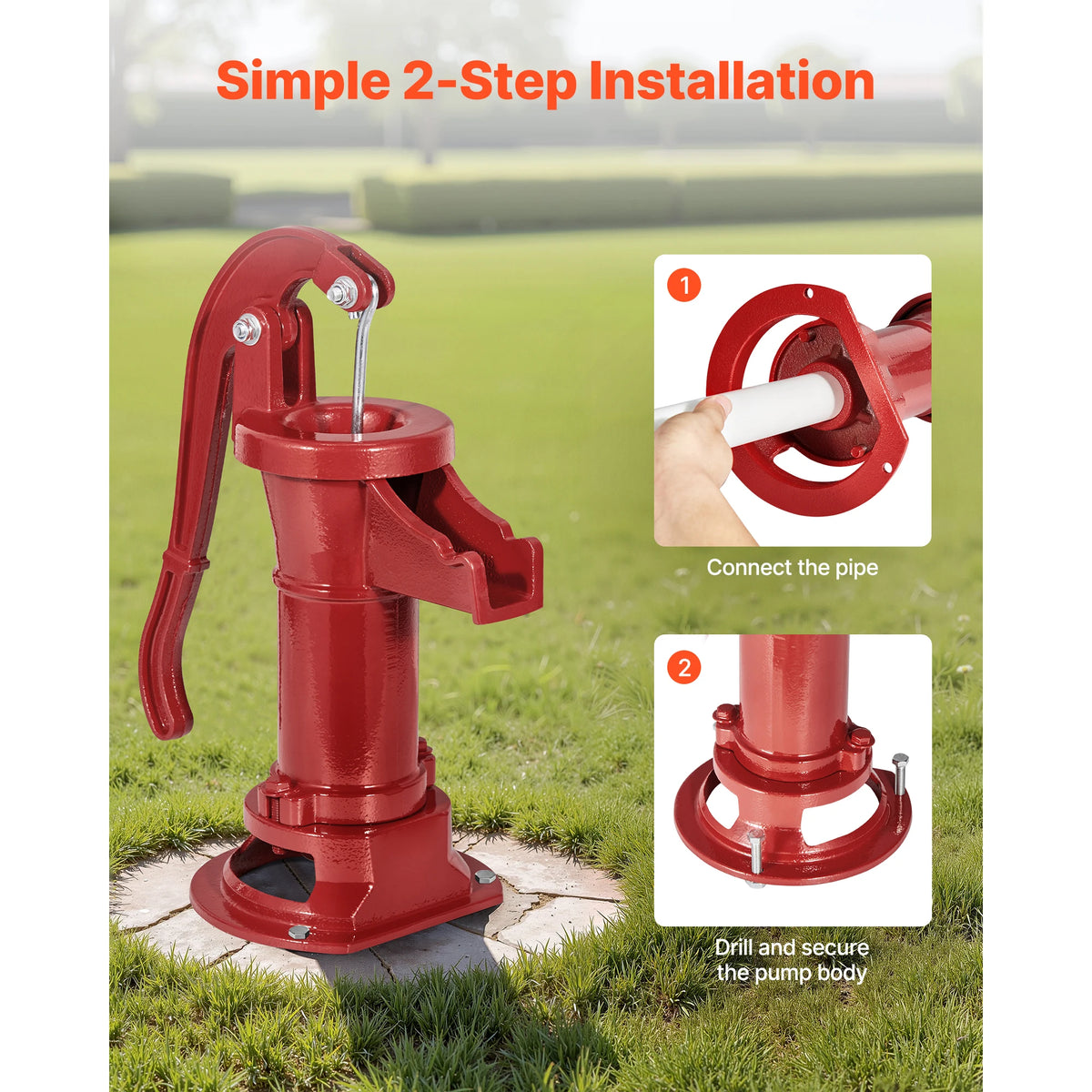 SucceBuy Well Hand Pitcher Pump 25 ft Maximum Lift Cast Iron NPT 1-1/4 in Connection for Garden Pond Farm Red/Black/Yellow/Green