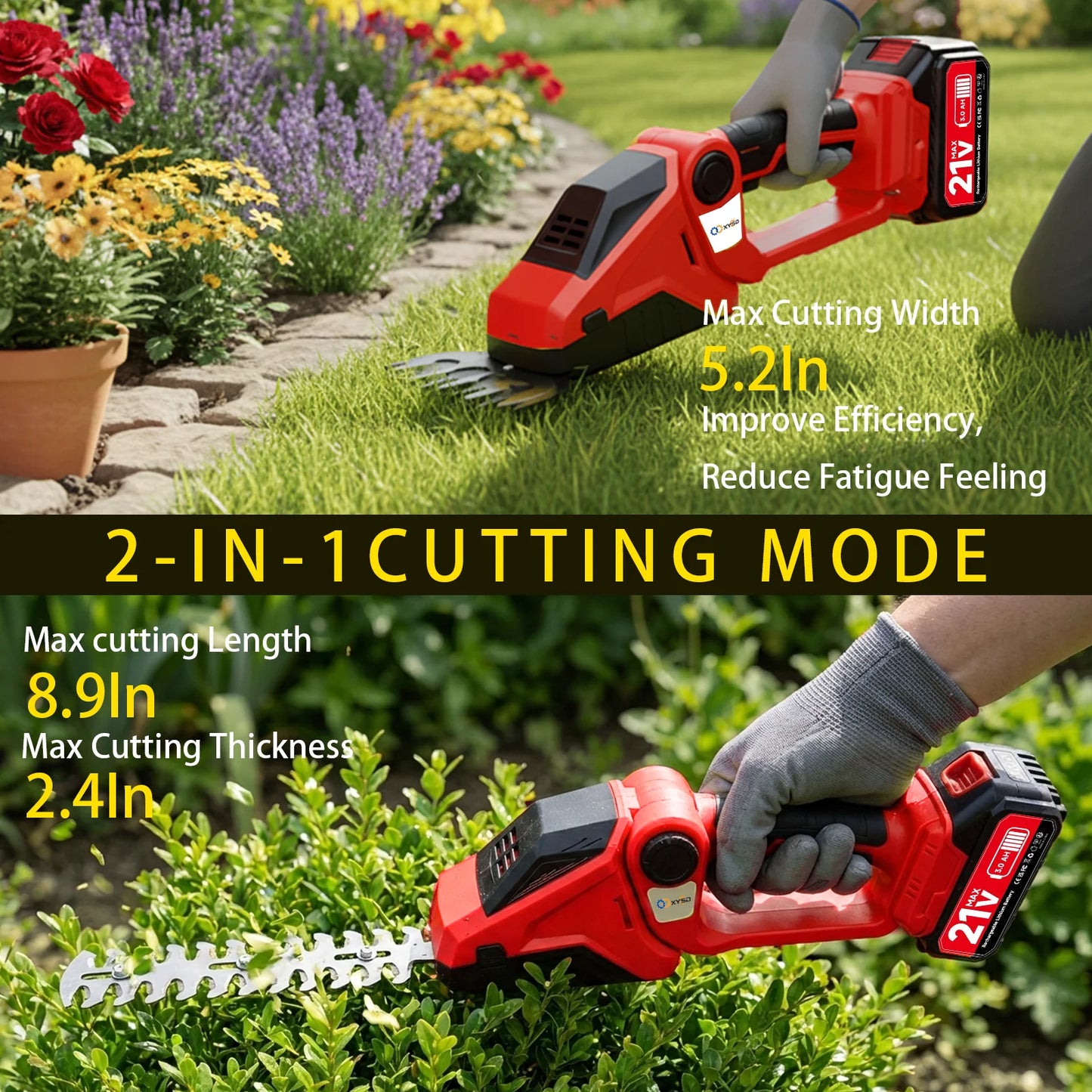 XYSD 2-In-1 Cordless Hedge Trimmer With Battery And Grass Shear