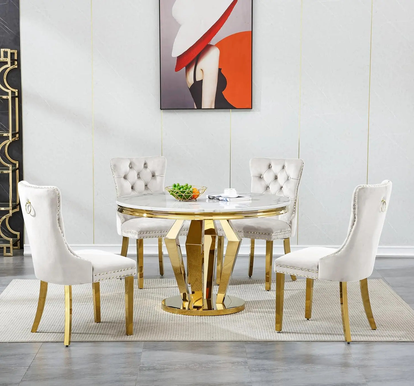 Modern Round Dining Table Set With Velvet Chairs