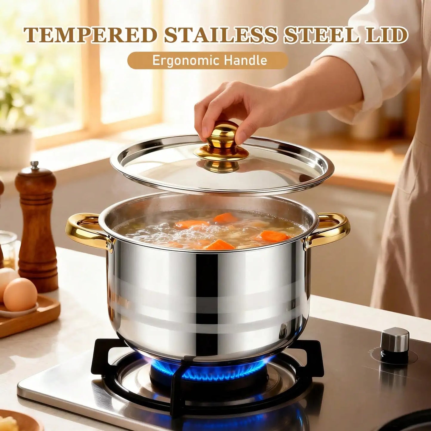 Stainless Steel Pot Set Modern Luxury Cookware Stock Pot Set Silver Body Gold Handles 10 Pcs Set 5 Pots 5 Lids Multi Size Deep Stock Pot For Home Kitchen Restaurant Cooking Soup Noodles Hot Pot Pasta