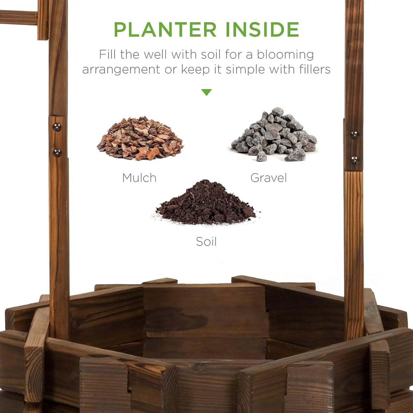 Rustic Wooden Wishing Well Planter With Hanging Bucket
