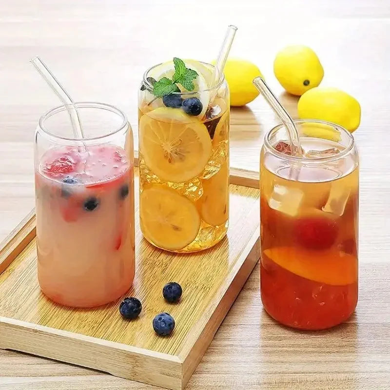 Six Pack Glass Drinking Set With Bamboo Lids And Glass Straws
