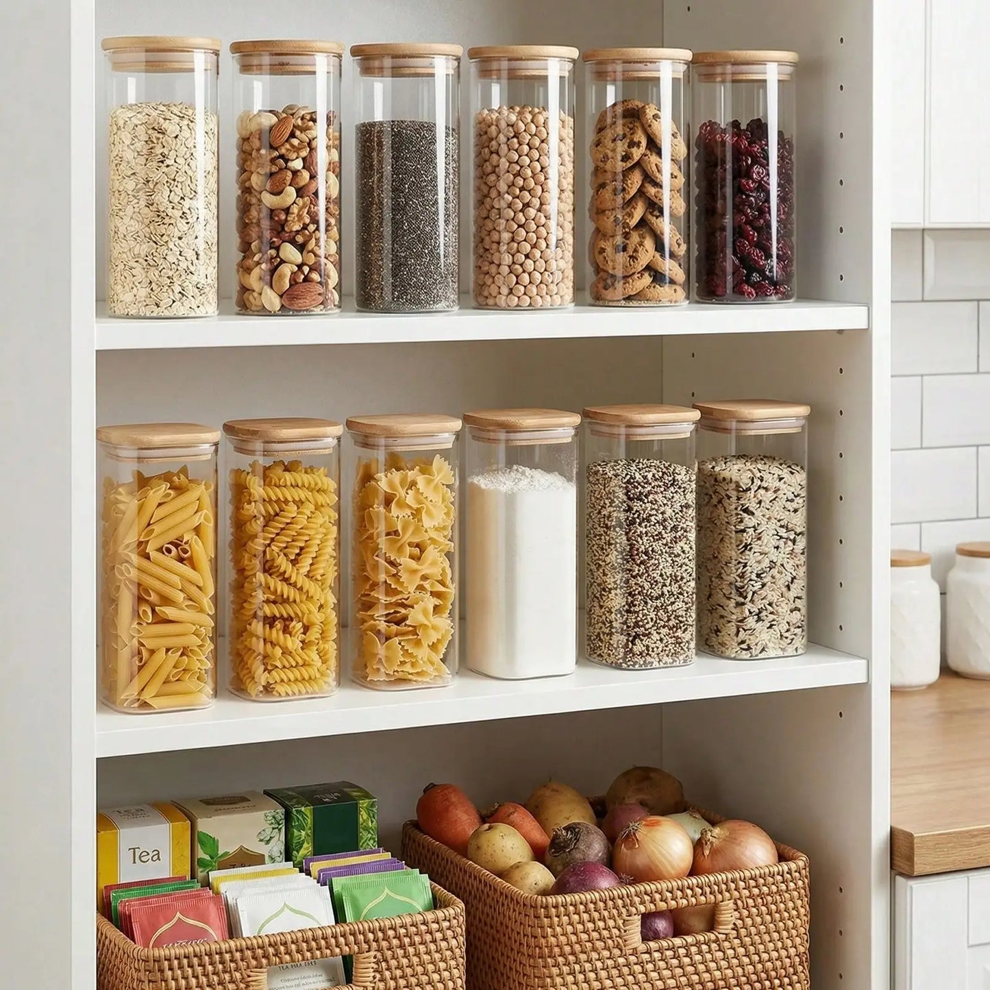 Glass Food Storage Containers Modern Nordic Kitchen Storage Canister Clear Glass With Bamboo Lid 6Pcs Set 1L 34oz Airtight Leakproof For Kitchen Pantry Organization Flour Pasta Coffee
