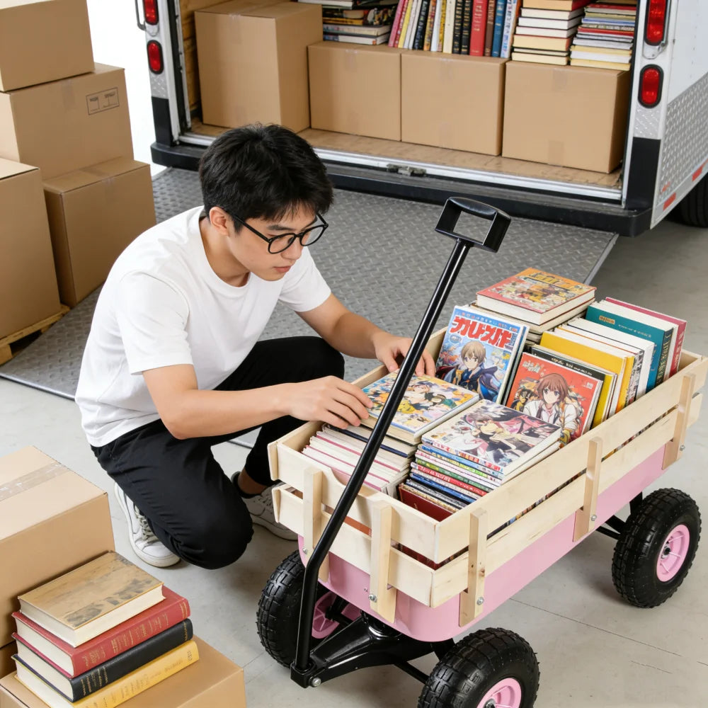 Heavy Duty All Terrain Outdoor Wagon, Garden Cart with Wooden Panels, Air Tires & Railing for Tools Hauling
