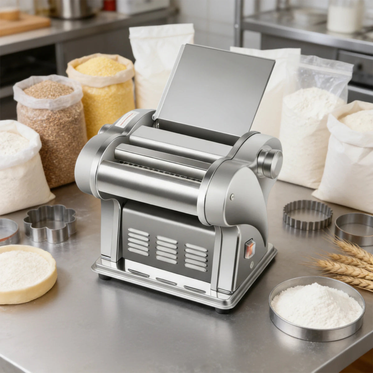 110V Stainless Steel  Electric Noodle Maker Machine, 135W Dual Blades 6 Thickness Settings Automatic Pasta Dough Roller Machine