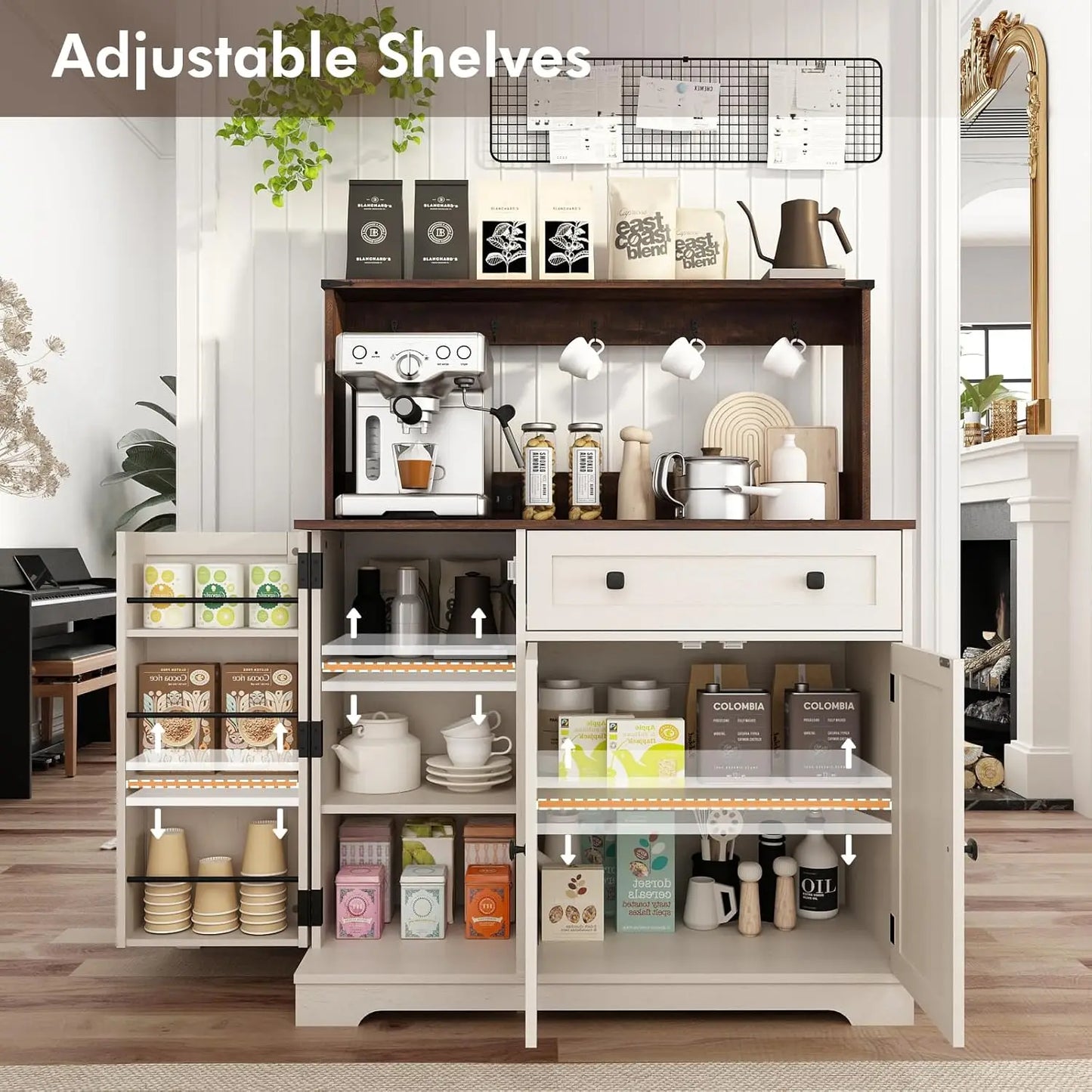 Wnutress Farmhouse Coffee Bar Cabinet With Drawer And Charging Station