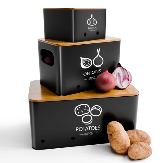 3-Piece Vegetable Storage Box Set, Potato, Onion and Garlic Storage Jars Suitable for Kitchen Countertops, With Lid Metal Vegetable Preservation Boxes, Kitchen Pantry Organiser Jars