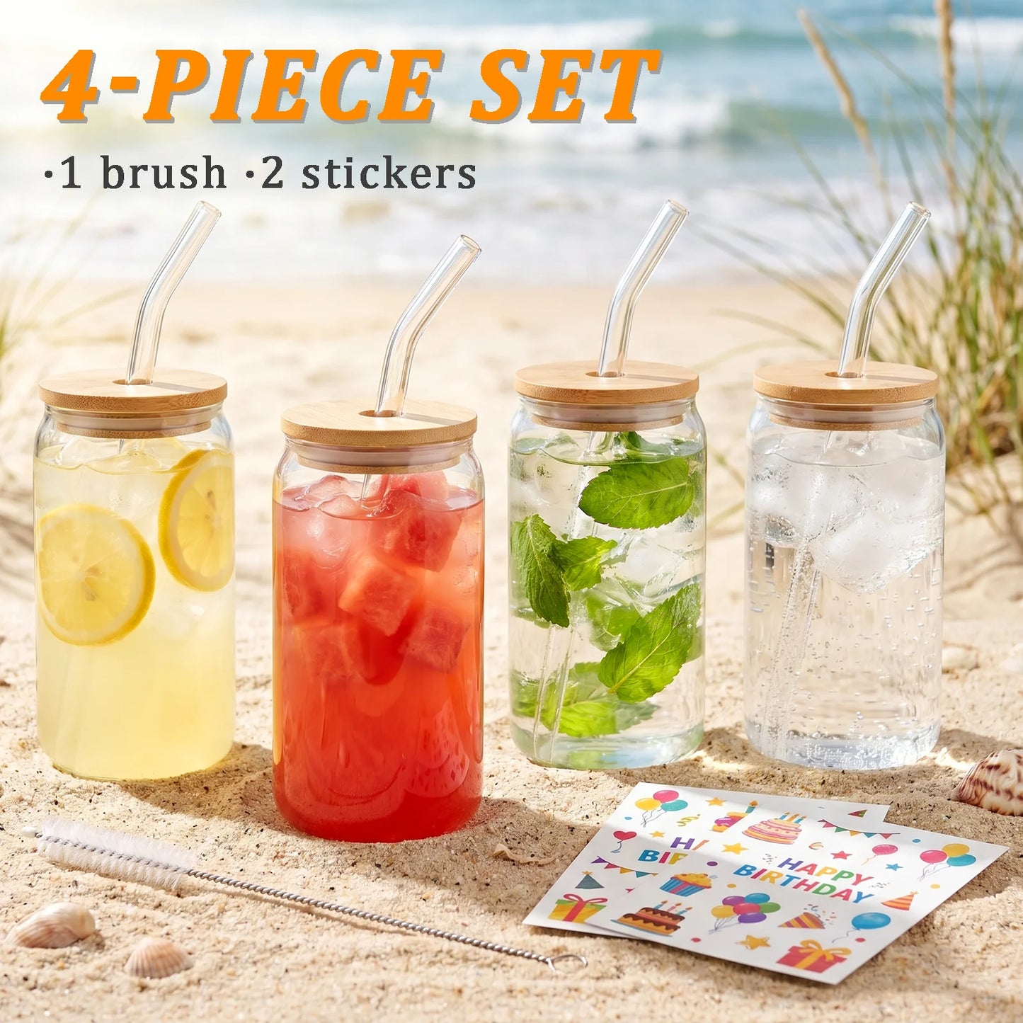 Glass Cups Set With Bamboo Lids Glass Straws And Brushes
