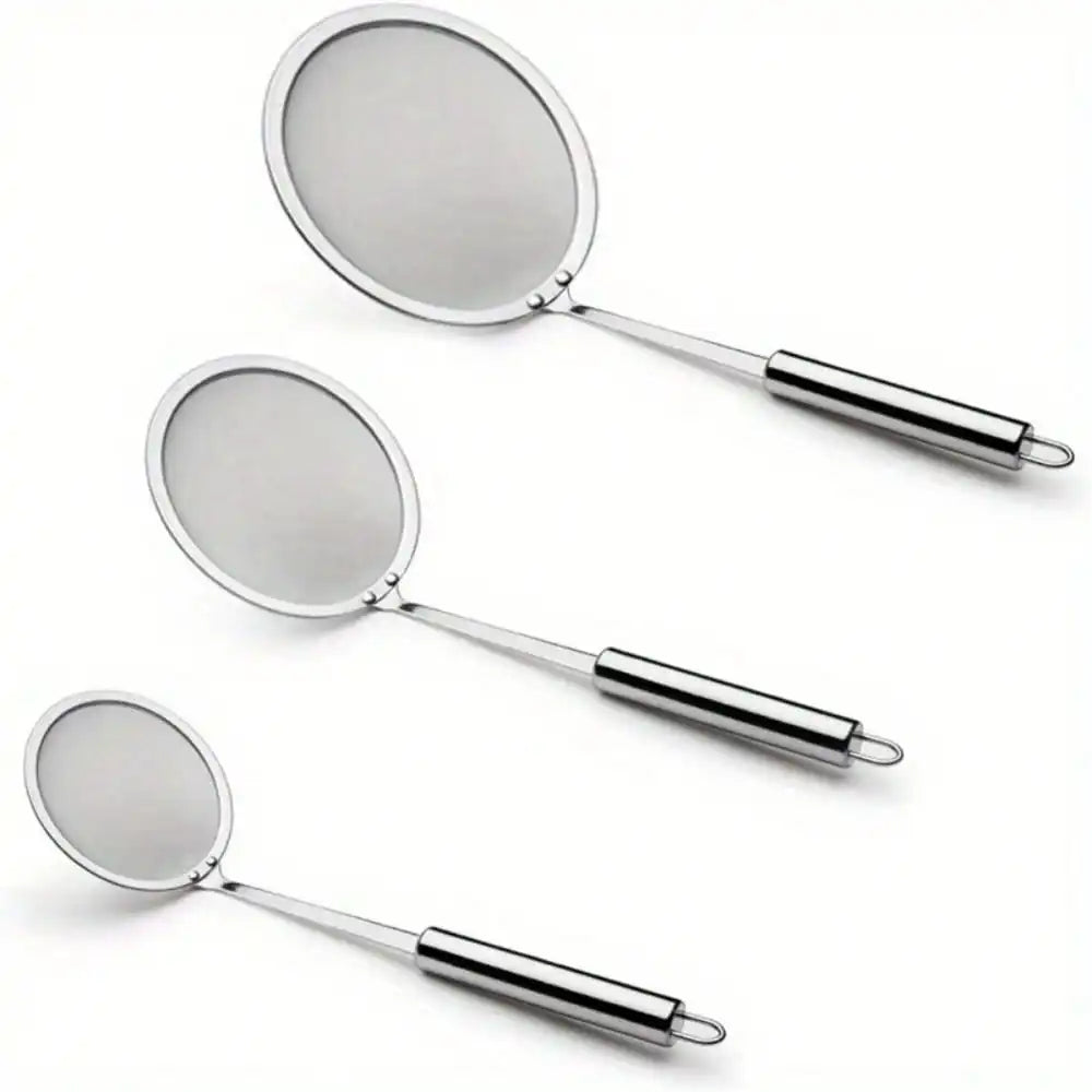 3Pack Fine Mesh Strainer Set Stainless Steel Metal Flat Cooking Skimmer Ladle Colander with Handle Food Strainer Kitchen Tools