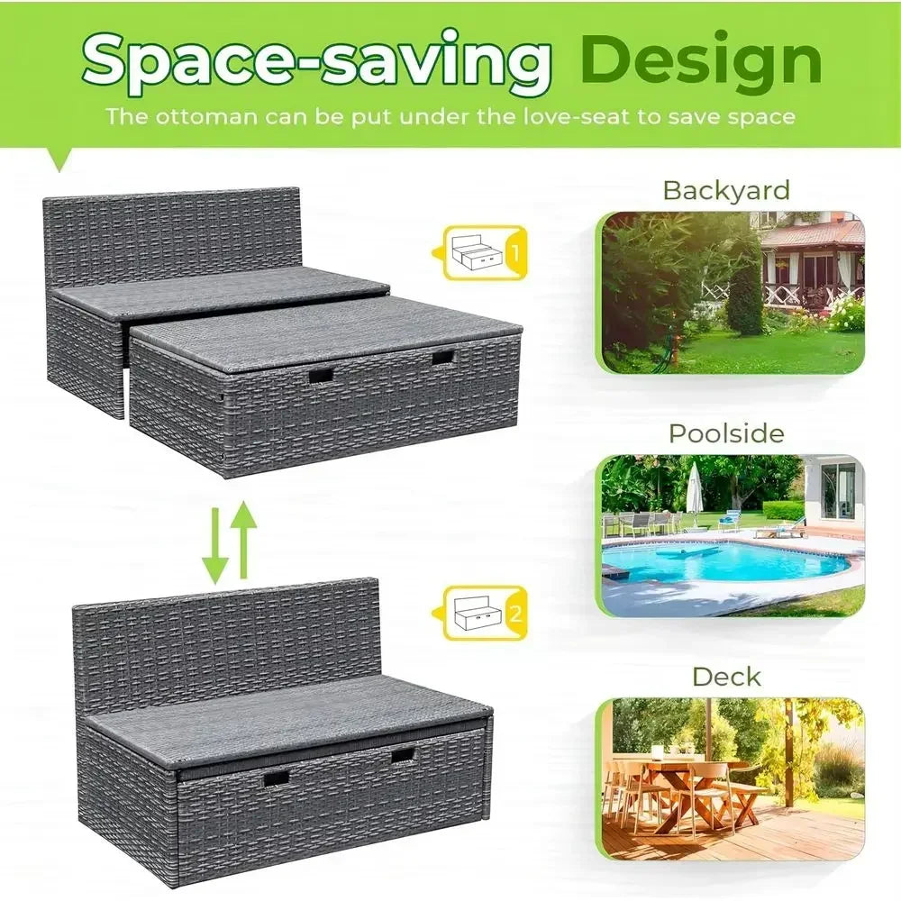 Multifunctional Gray Wicker Daybed Set with Side Tables, Cushions, and Storage Bench for Outdoor Use