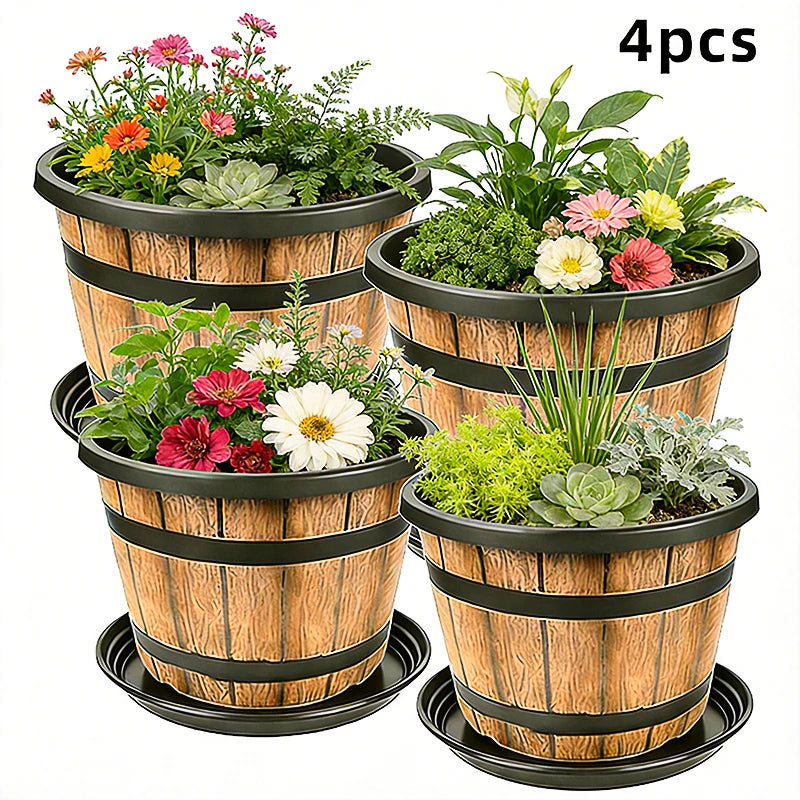Resin Indoor Flower Planter Barrel Style Plant Pot For Home Garden