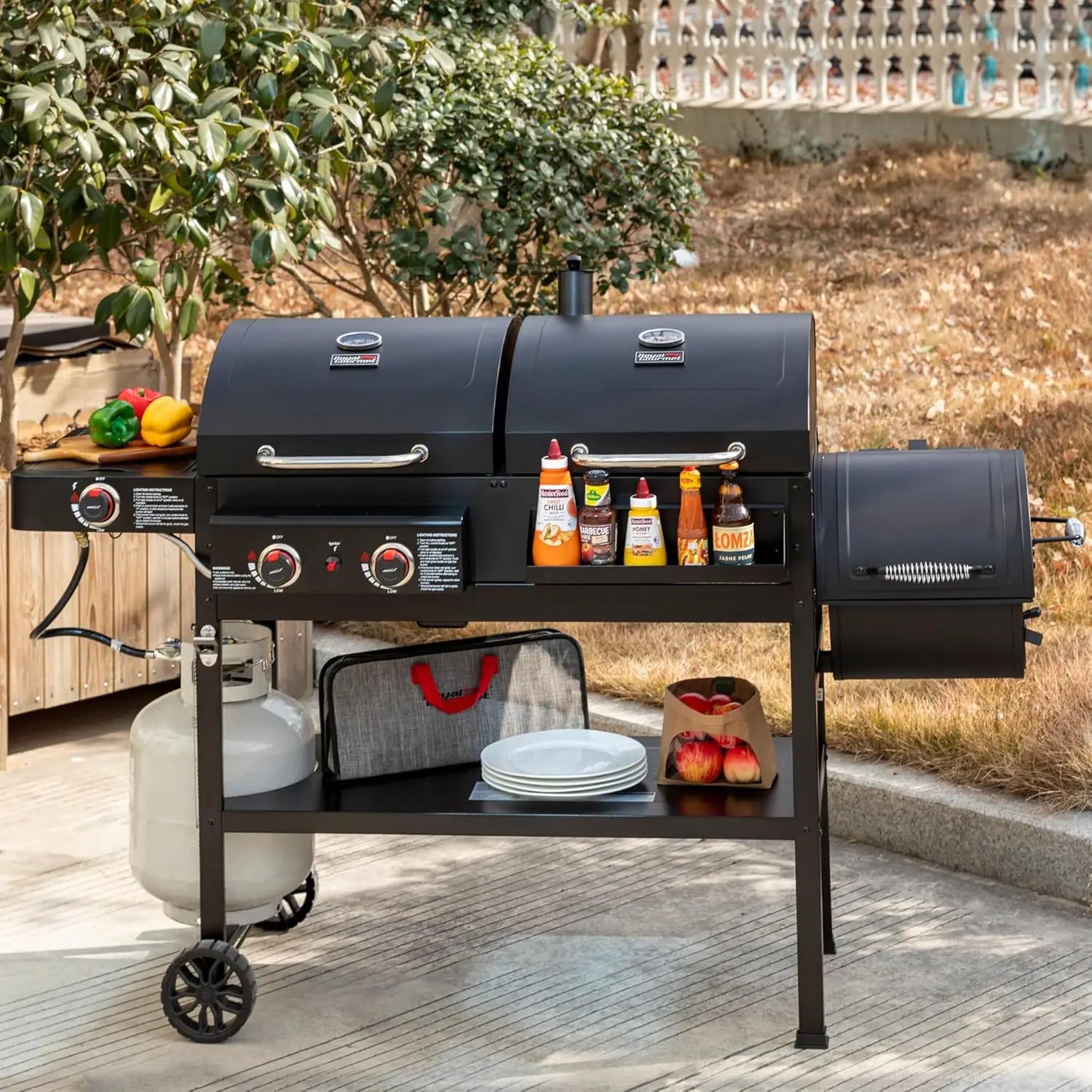Dual Fuel 2 Burner Grill With Charcoal Gas Offset Smoker