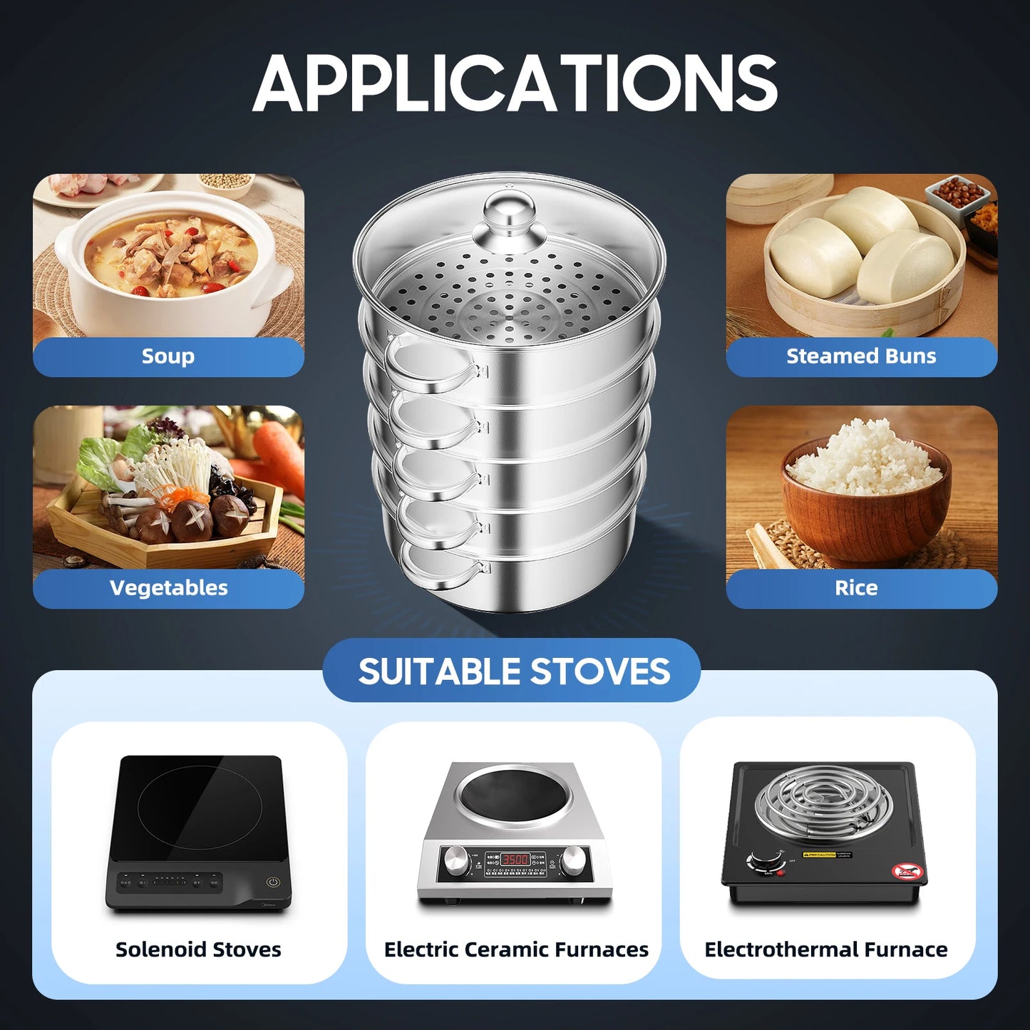 5 Tier 304 Stainless Steel Steamer Pot With Clear Lid
