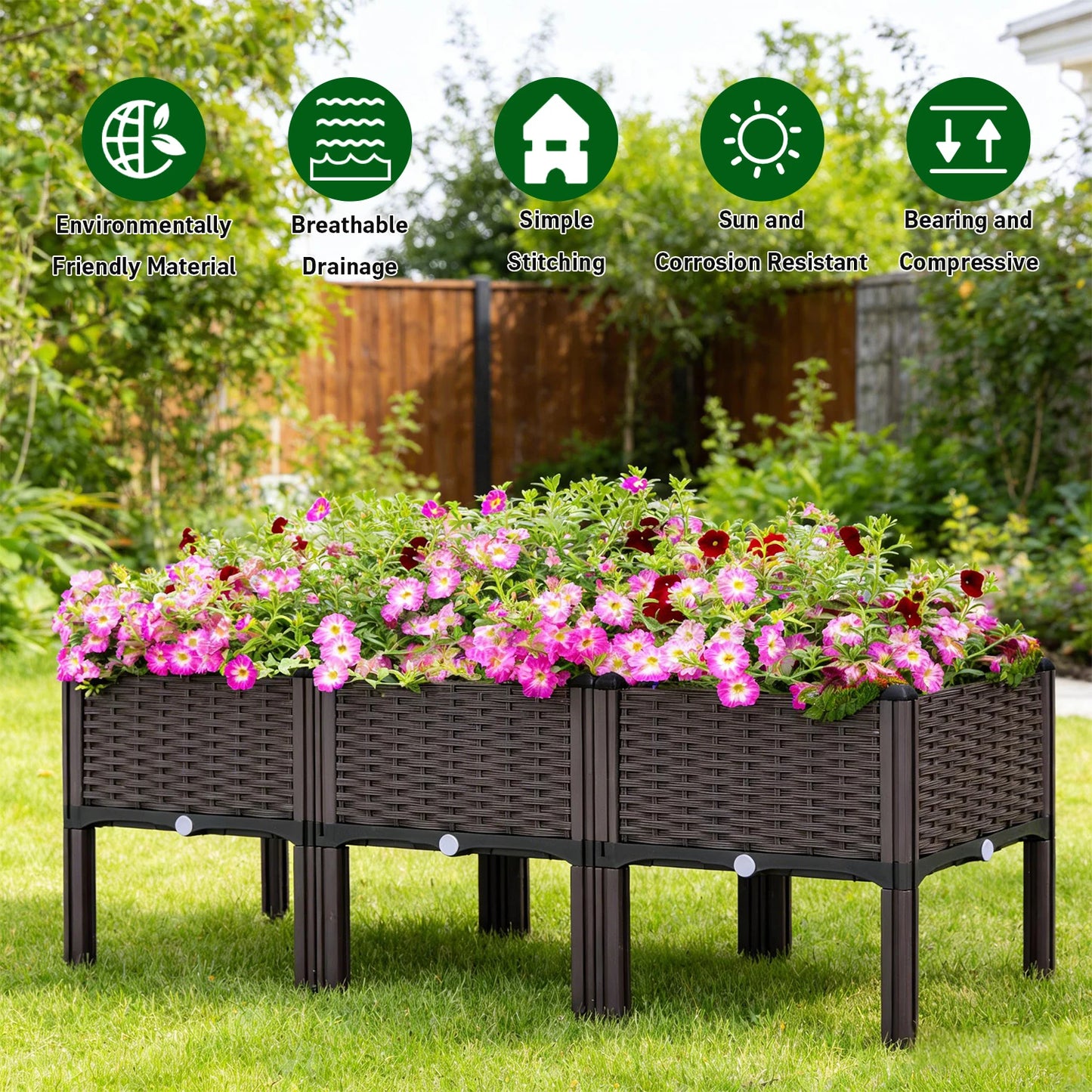 Three Pack Raised Garden Planters With Legs And Drain Outlet
