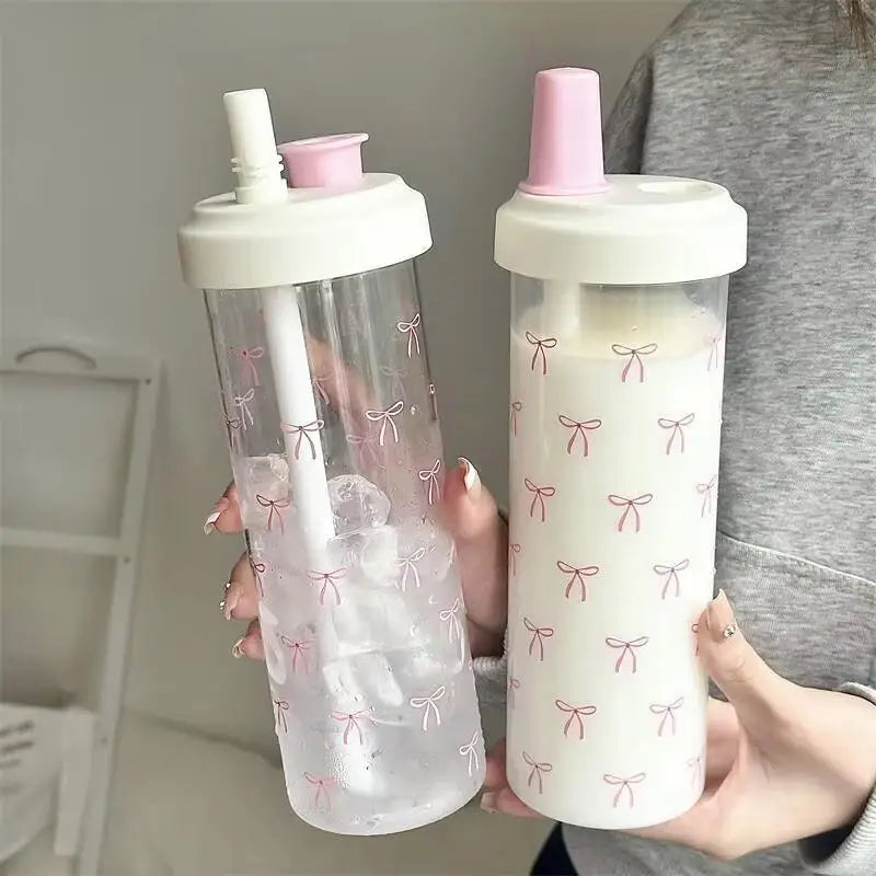 500/700ml Portable Plastic Bowknot Water Cup with Straw,Cute Coffee Pearl Milk Tea Drink Cup,Large Capacity Student Water Bottle