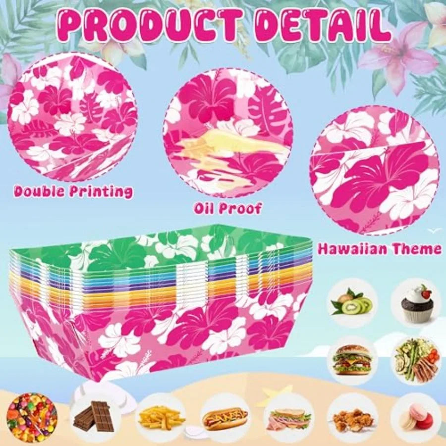 Luau Party Disposable Hibiscus Paper Trays And Aloha Serving Boats