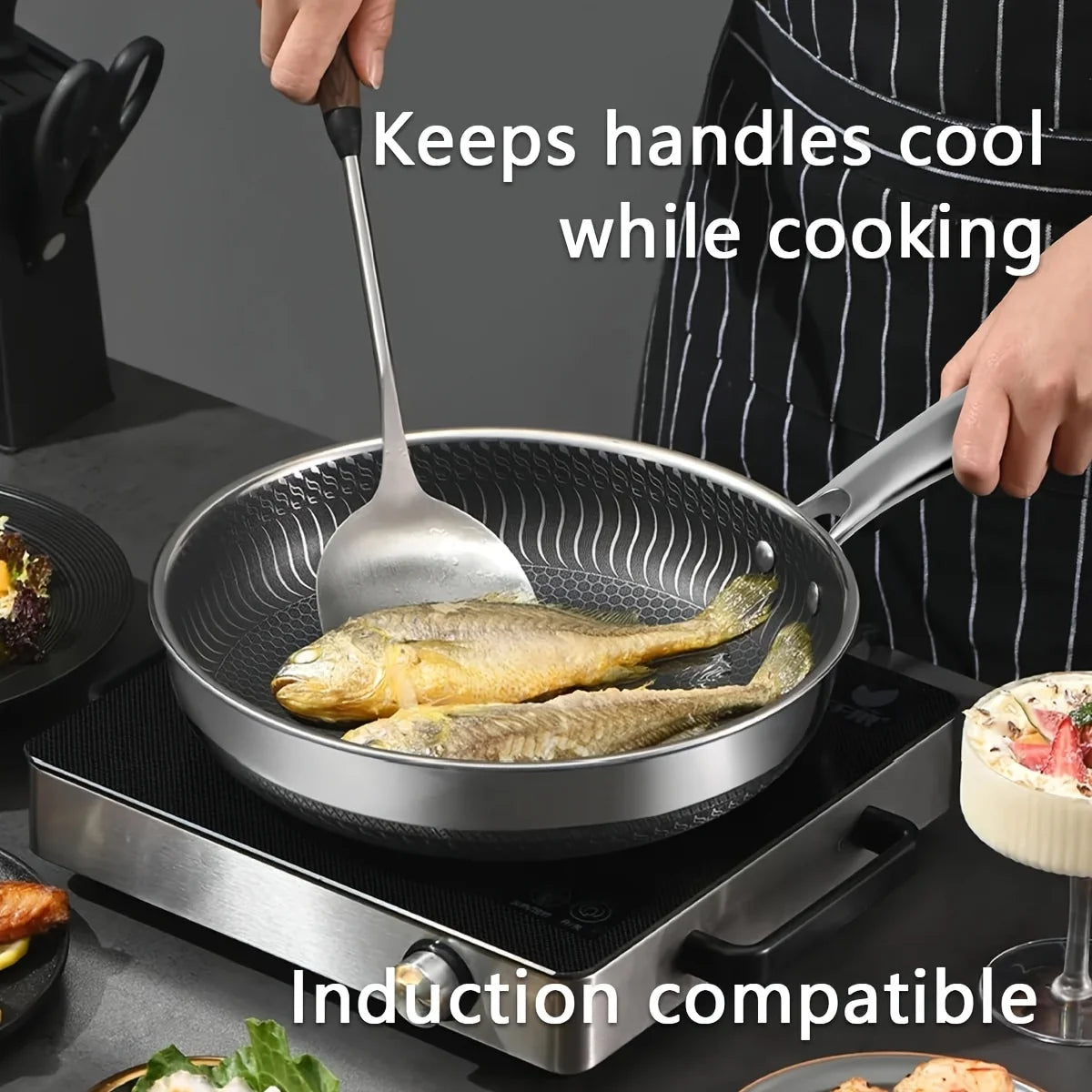 Stainless Steel Frying Pan With Anti-Scalding Handle, Induction Compatible