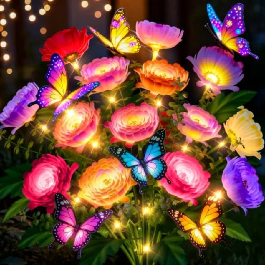 Solar Flowers Lights Outdoor Waterproof: LED Solar Lights Decorative for Outside Garden Decor with Butterfly Auto-On/Off for Ya