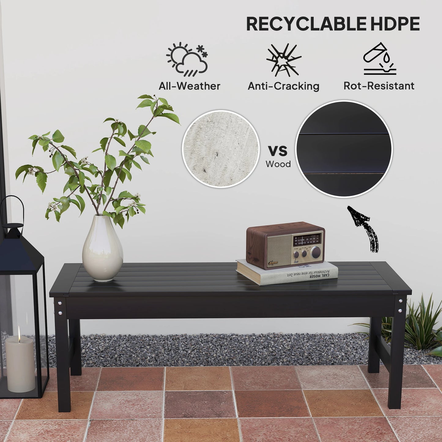 47" HDPE Outdoor Bench, Backless Slatted Garden Bench Seat, Black