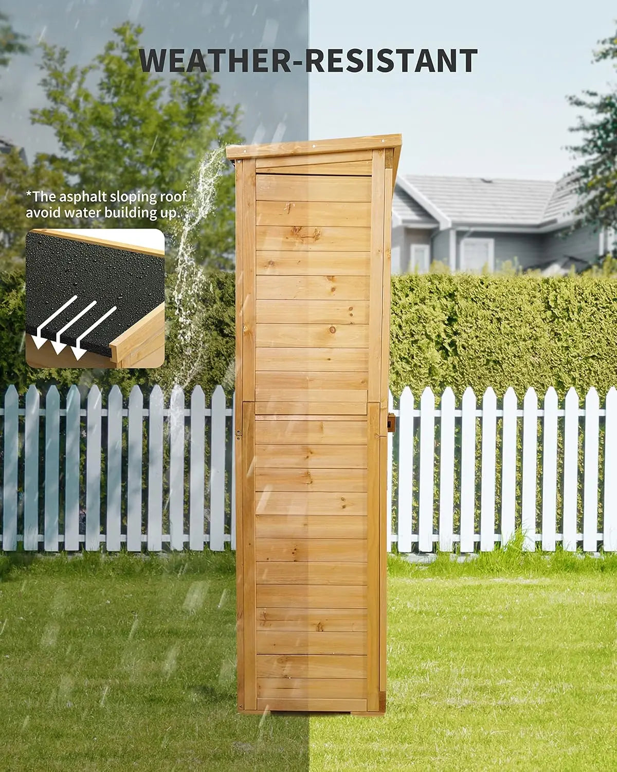 Outdoor Tall Wooden Storage Cabinet With 3 Shelves Double Lock Waterproof Roof