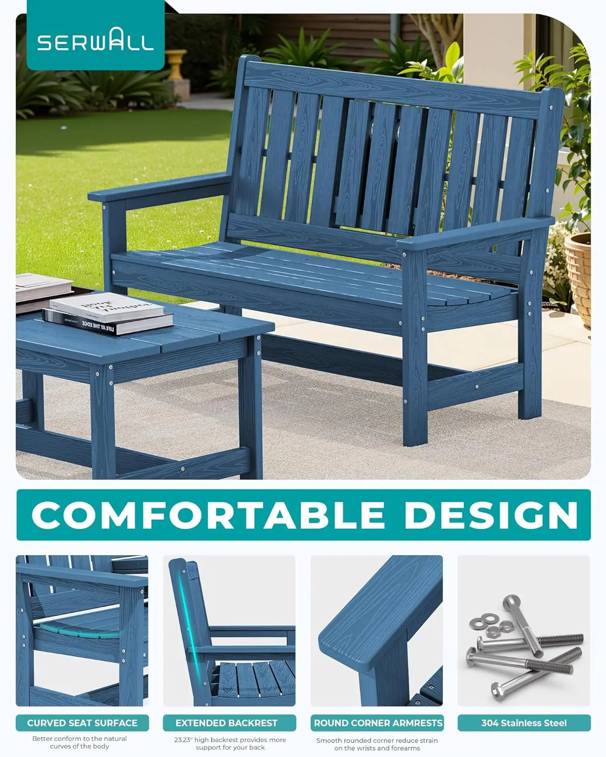 Outdoor Bench With Cup Holder and High Backrest All Weather