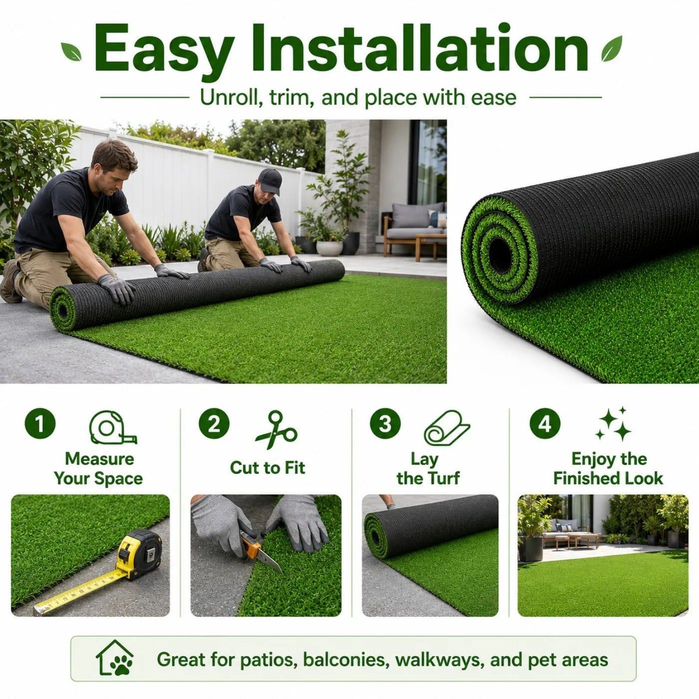 6FT X 10/15/20/25FT Artificial Grass Turf Mat, 0.4 Inch Pile Height, Heavy Duty Synthetic Lawn Rug, Indoor Outdoor for Patio, Balcony, Backyard, Garden, Garage, Pet Area & Chicken Coop