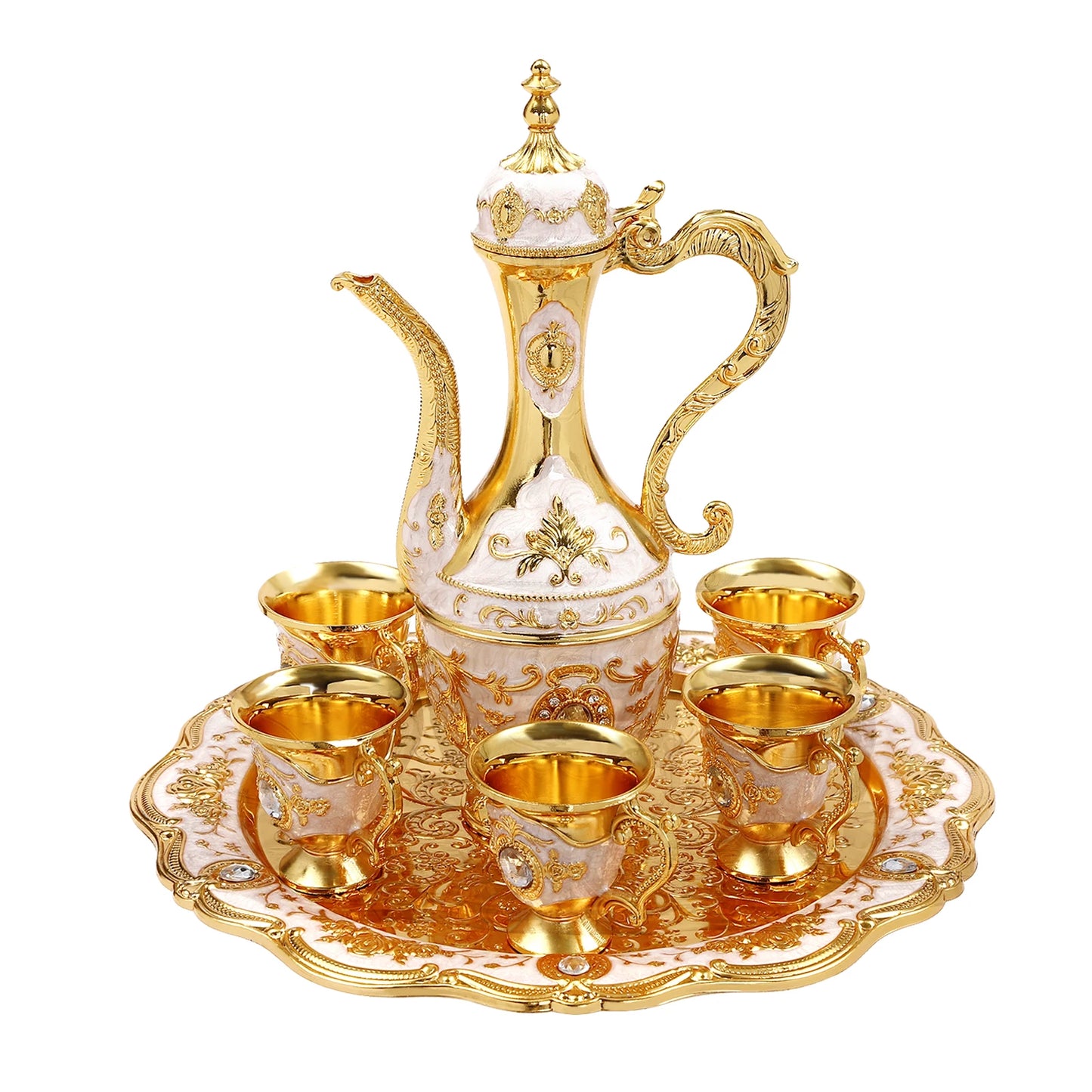 Tea Set with Tray, Vintage Coffee Set 1 Teapot 6 Cups 8.45oz, Gold White Tea Set for Home Wedding Gift