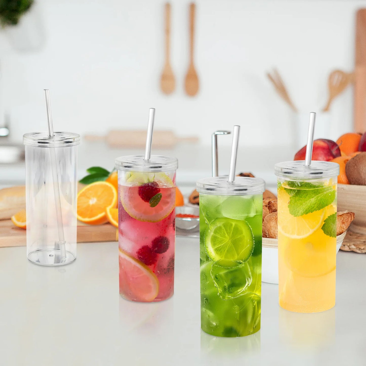 2-Piece Clear Plastic Tumblers With Lids And Straw