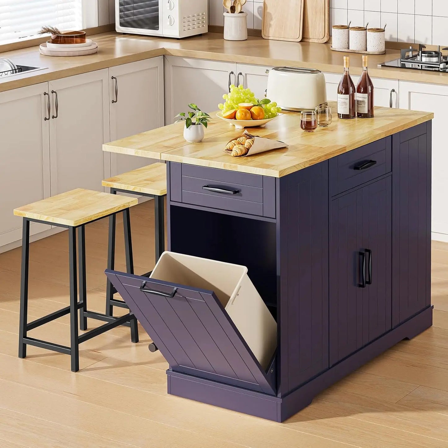 Stationary Kitchen Islands with 2 Chairs, 47" Rolling Kitchen Island with Drop Leaf, Home Bar Table with Spice Rack & Trash Can, Movable Island, Island Table for Dining Room