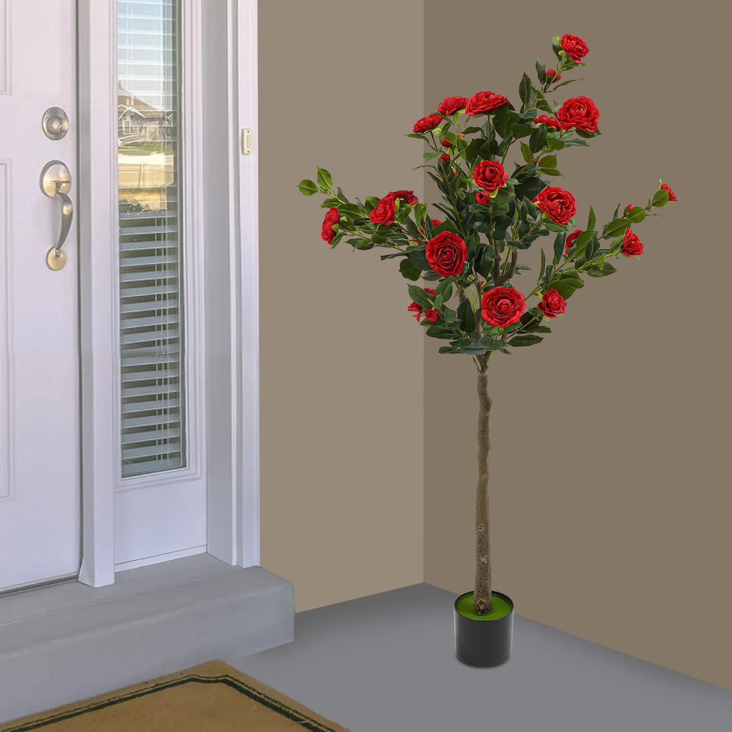 Simulated Tree Camellia Plant In Pot Lifelike Trunk Red Artificial Camellia Trees for Balconies/Shopping Malls/Exhibitions