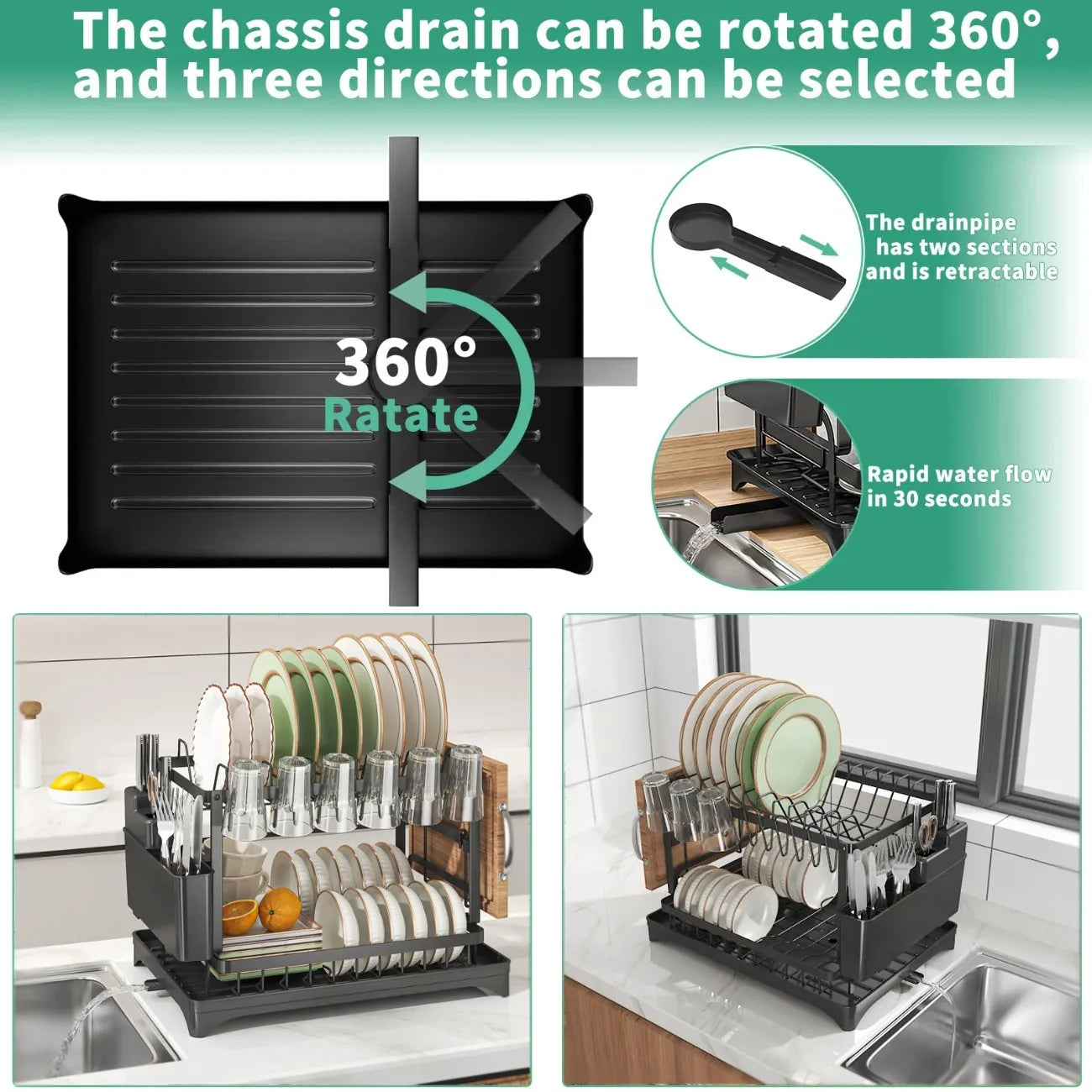 DIAMR 2 Tier Rotating Dish Drying Rack With Utensil Holder