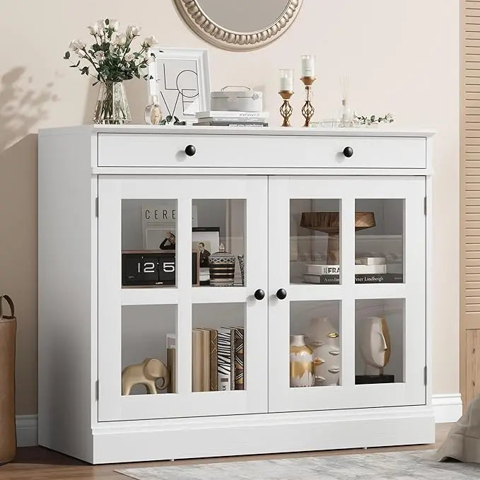 HiMISS Oak Sideboard Buffet Cabinet With Glass Doors And Drawer