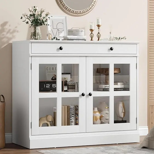 HiMISS Oak Sideboard Buffet Cabinet With Glass Doors And Drawer