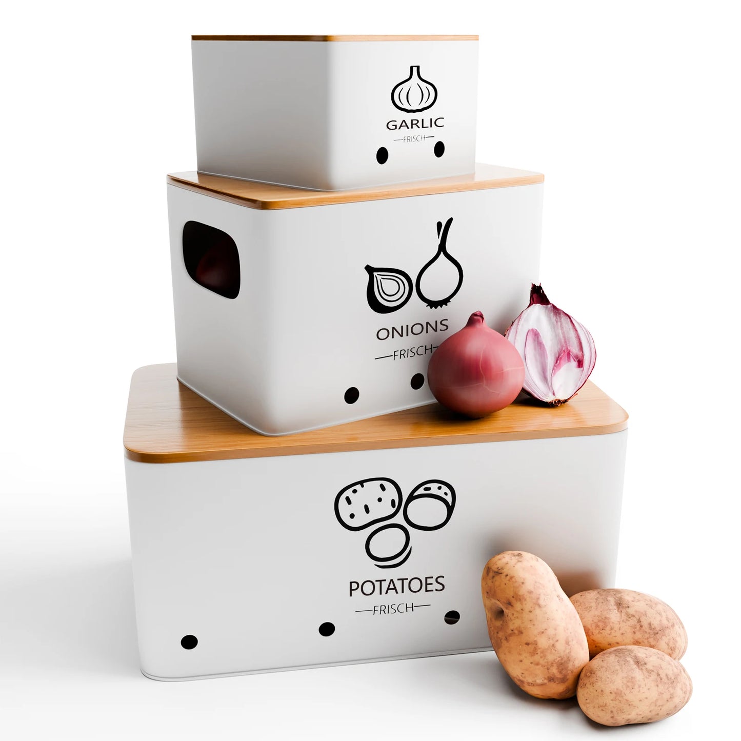 3-Piece Vegetable Storage Box Set, Potato, Onion and Garlic Storage Jars Suitable for Kitchen Countertops, With Lid Metal Vegetable Preservation Boxes, Kitchen Pantry Organiser Jars