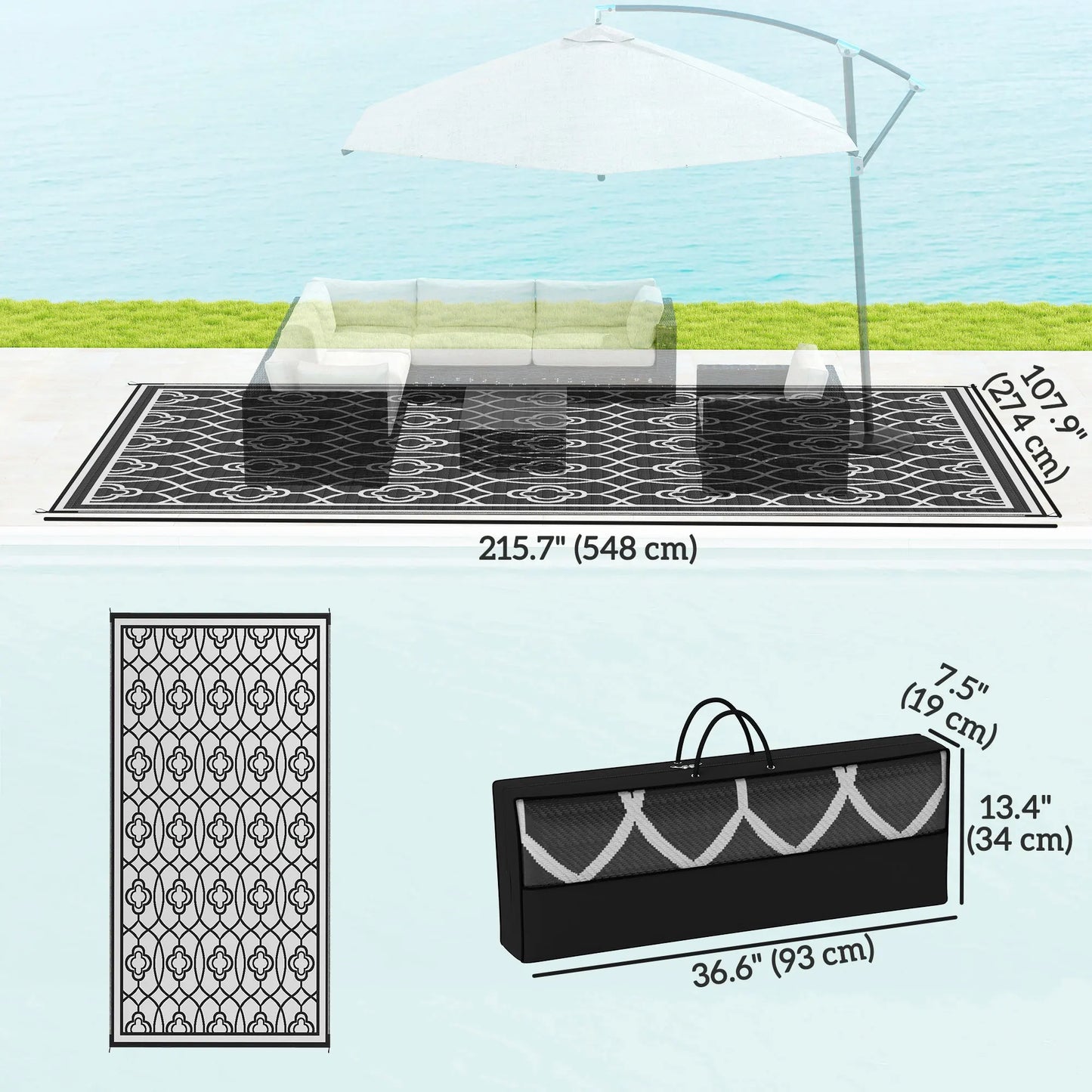 Outdoor Rug, 9' x 18' Floor Mat, Black White Lantern