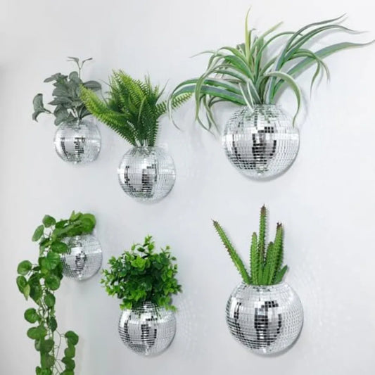 Disco Ball Planter Set Mirror Glass Wall Hanging Boho Decor
