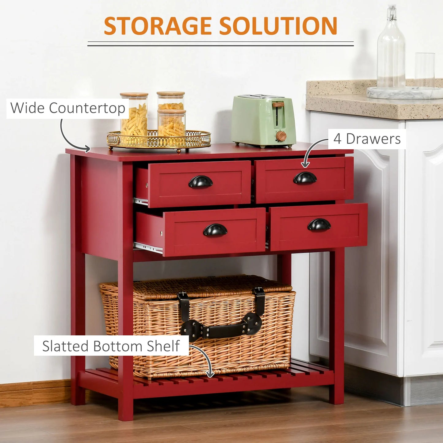 HOMCOM Sideboard Buffet Cabinet with Storage, Modern Coffee Bar Cabinet with 4 Drawers and Slatted Bottom Shelf, Console Table for Kitchen, Living Room, Dining Room, Hallway, Red
