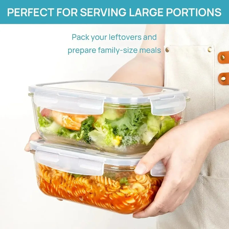 Glass Food Storage Containers Set, Airtight Leak‑Proof Glass Meal Prep Containers with Lids, Multi‑Sizes Reusable Lunch Box for Kitchen Fridge Freezer Microwave Dishwasher Safe, Food Organizer