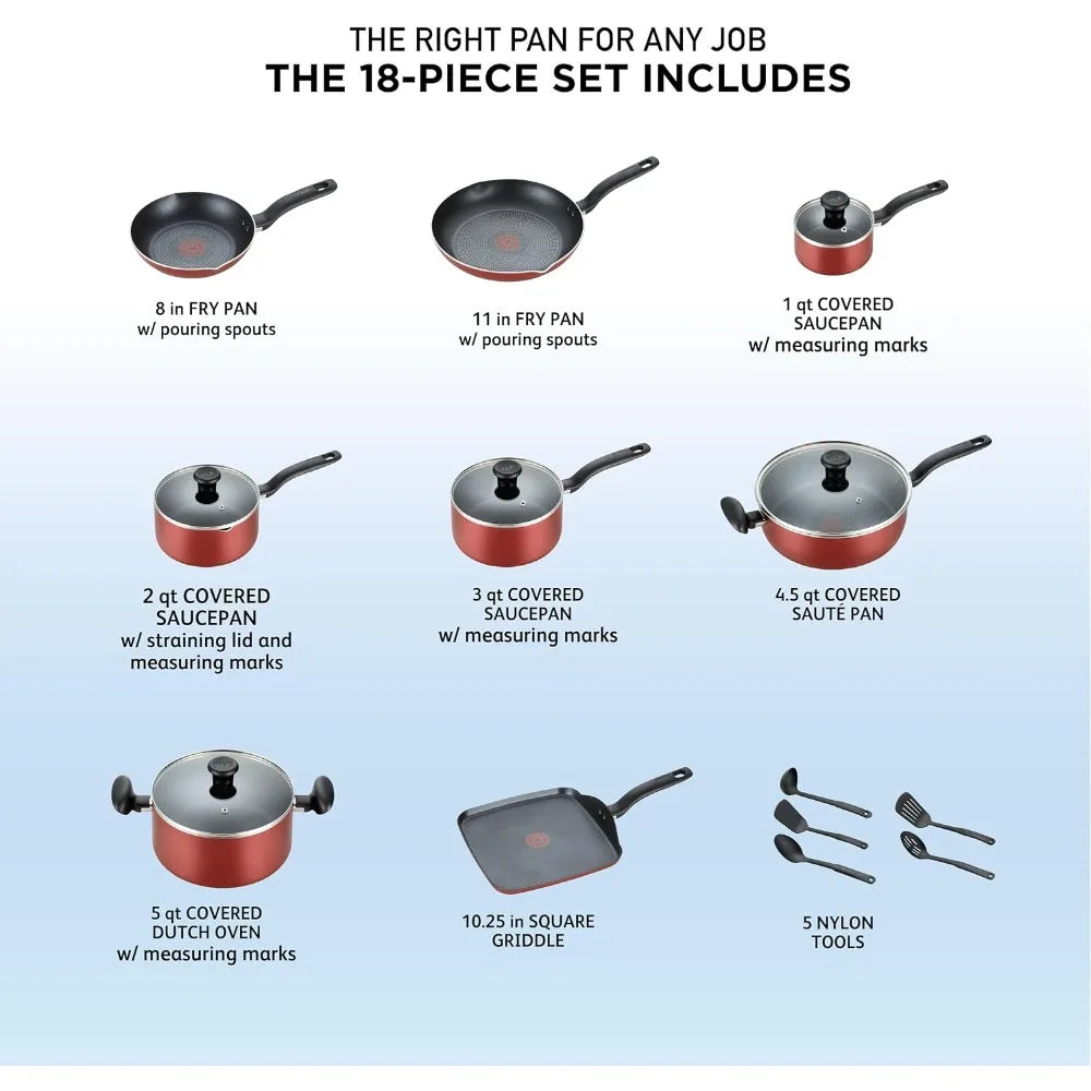 Initiatives Nonstick Cookware Set 18 Piece, Oven Broiler Safe 350F, Kitchen Cooking Set w/Fry Pans