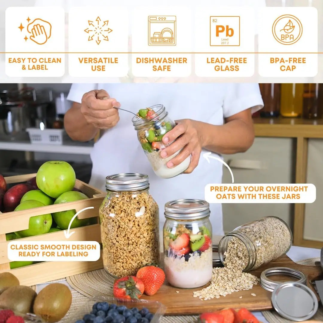 32 oz Regular Mouth Mason Jars with Lids – Pack of 2 Quart Canning Jars for Food Storage, Pickling, Fermentation, Crafts – Reusable Airtight Large Glass Mason Jar