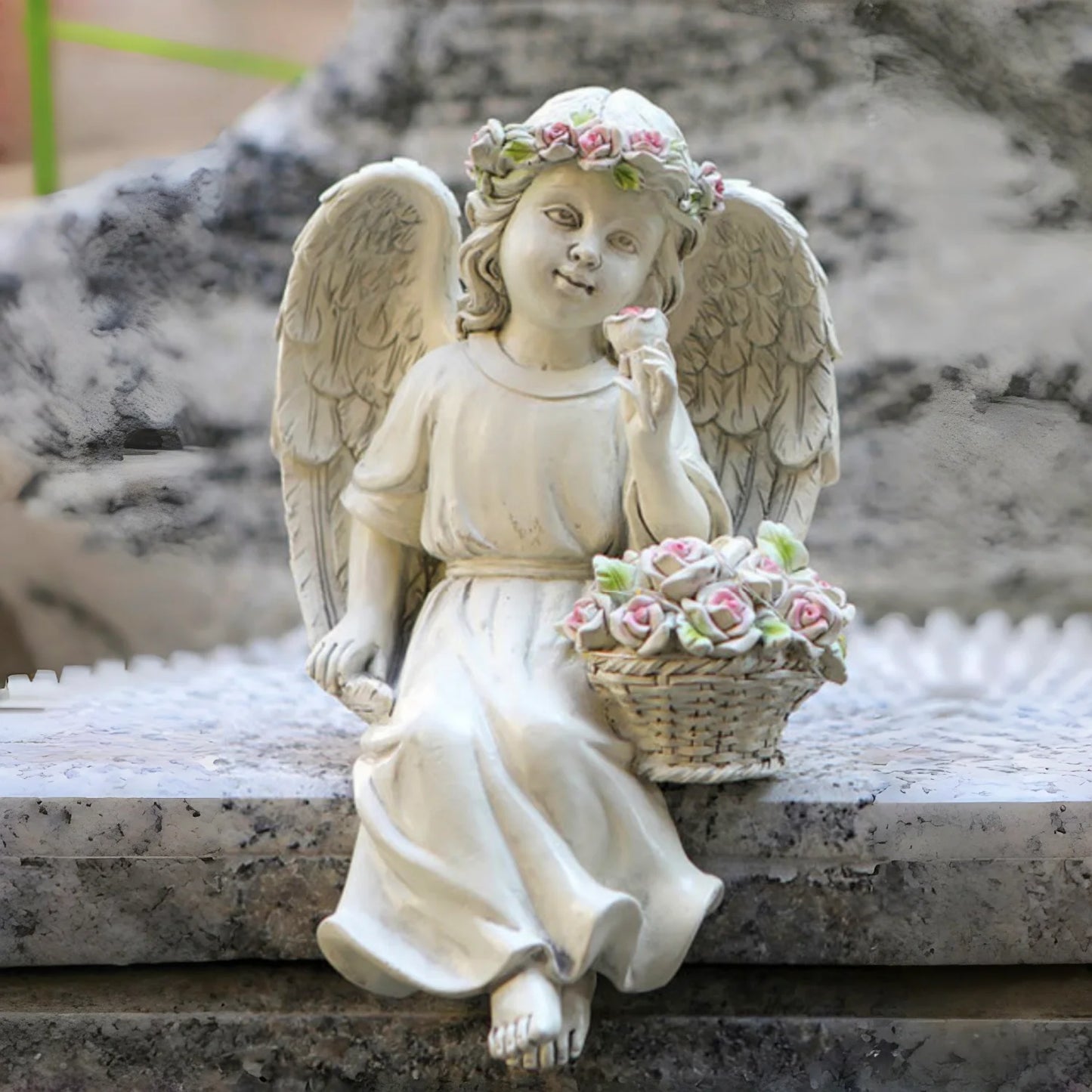 Outdoor Garden Solar Statue Light, Solar Garden Angel Statue Solar, Resin Garden Tableside Flower Basket Angel Statue Light, Resin angel holding flower basket decoration ornament, for Outside Yard Lawn Home Decor