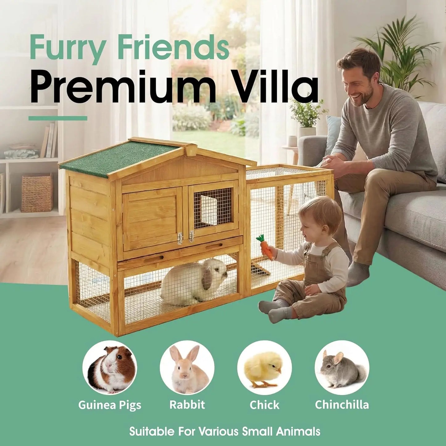 HiMISS 2 Story Wooden Animal Cage Weatherproof Hutch With Tray