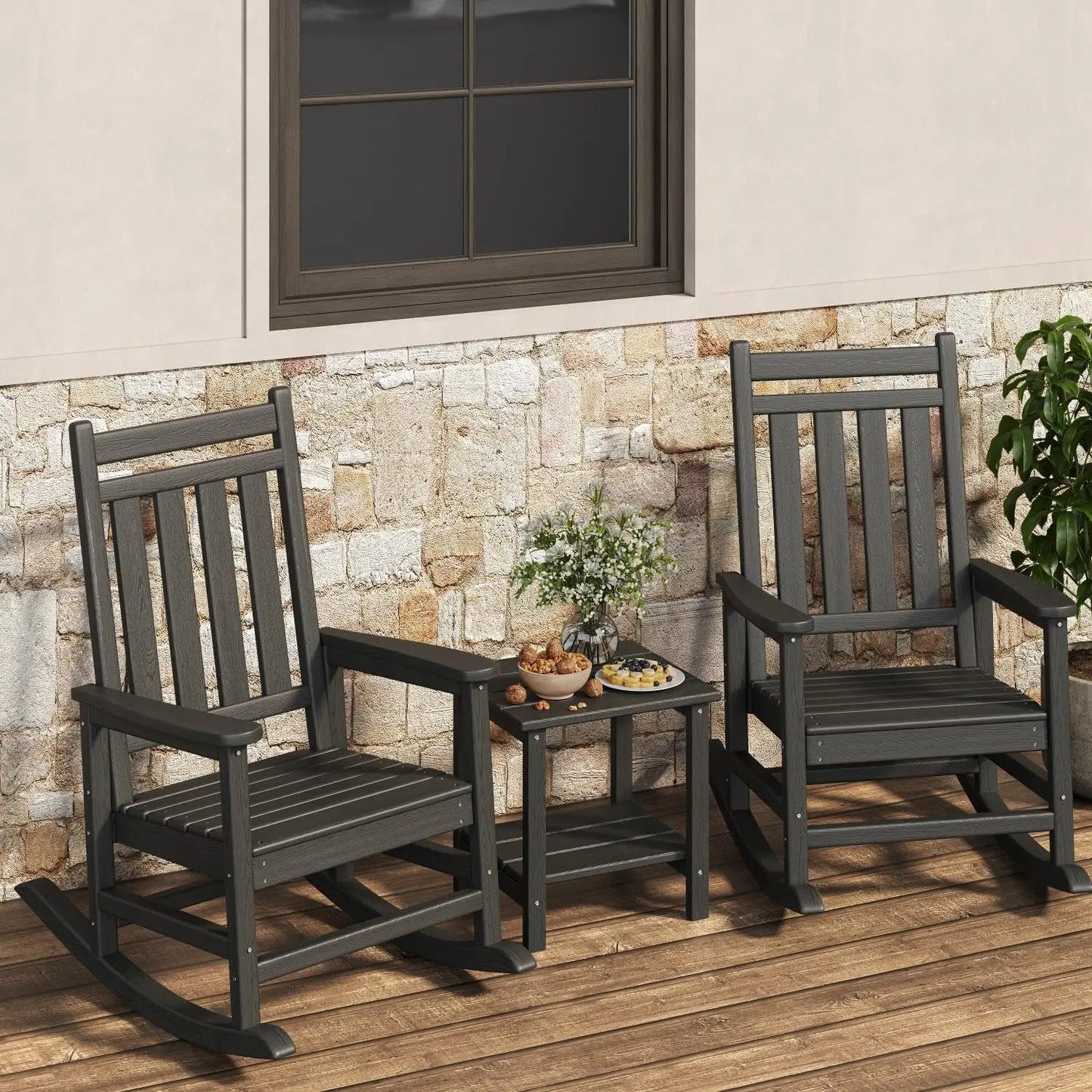 HiMISS Outdoor HDPE Lumber Rocking Chair Set With Side Table