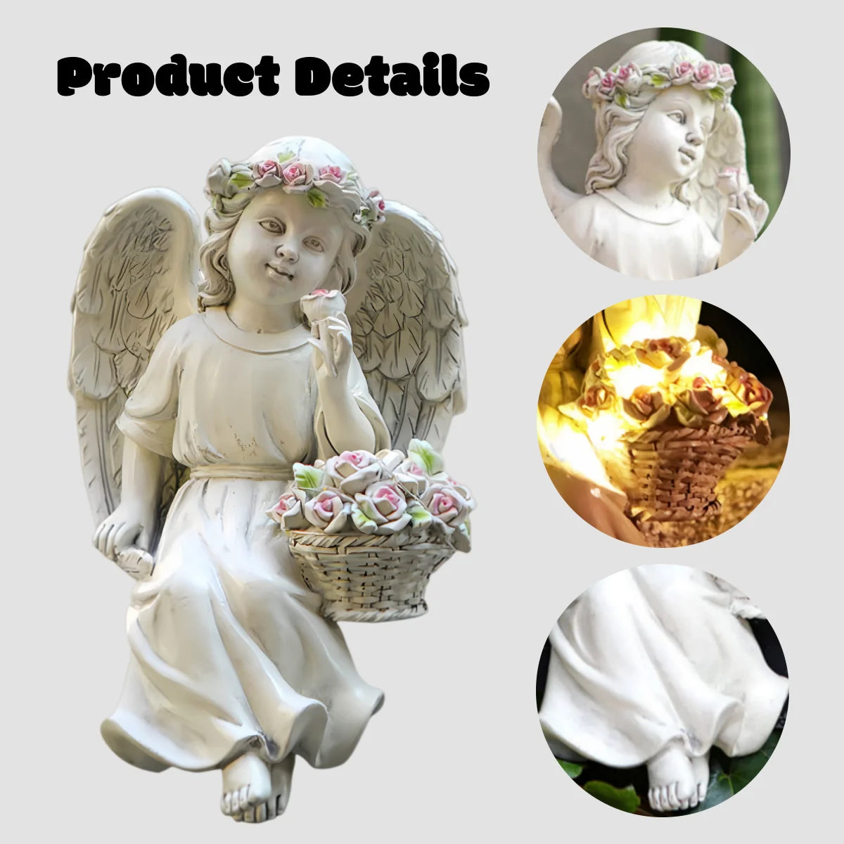 Outdoor Garden Solar Statue Light, Solar Garden Angel Statue Solar, Resin Garden Tableside Flower Basket Angel Statue Light, Resin angel holding flower basket decoration ornament, for Outside Yard Lawn Home Decor