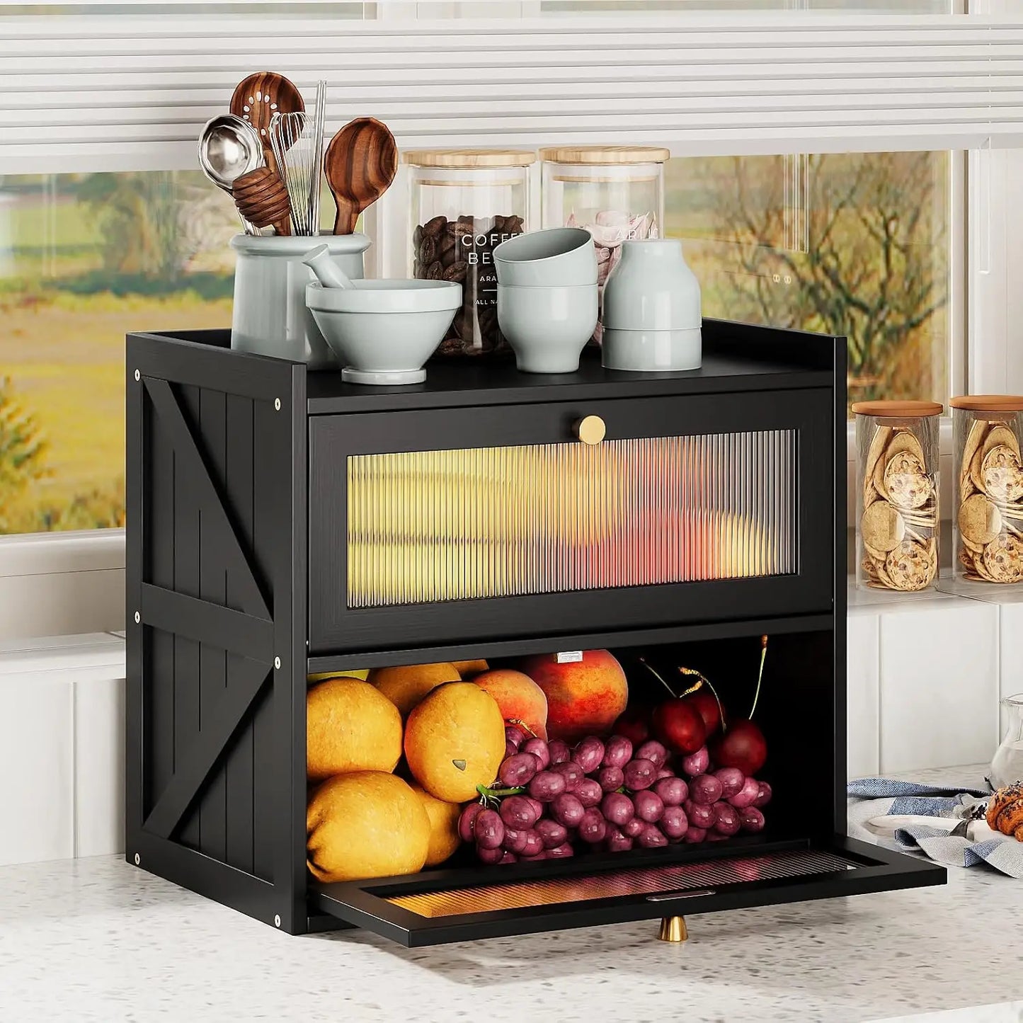 Trironsun Farmhouse Double Layer Black Bread Box with Acrylic Door for Kitchen Counter