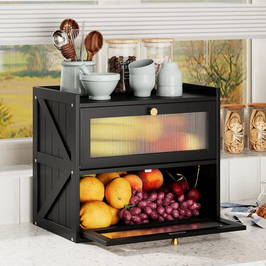 Trironsun Farmhouse Double Layer Black Bread Box with Acrylic Door for Kitchen Counter
