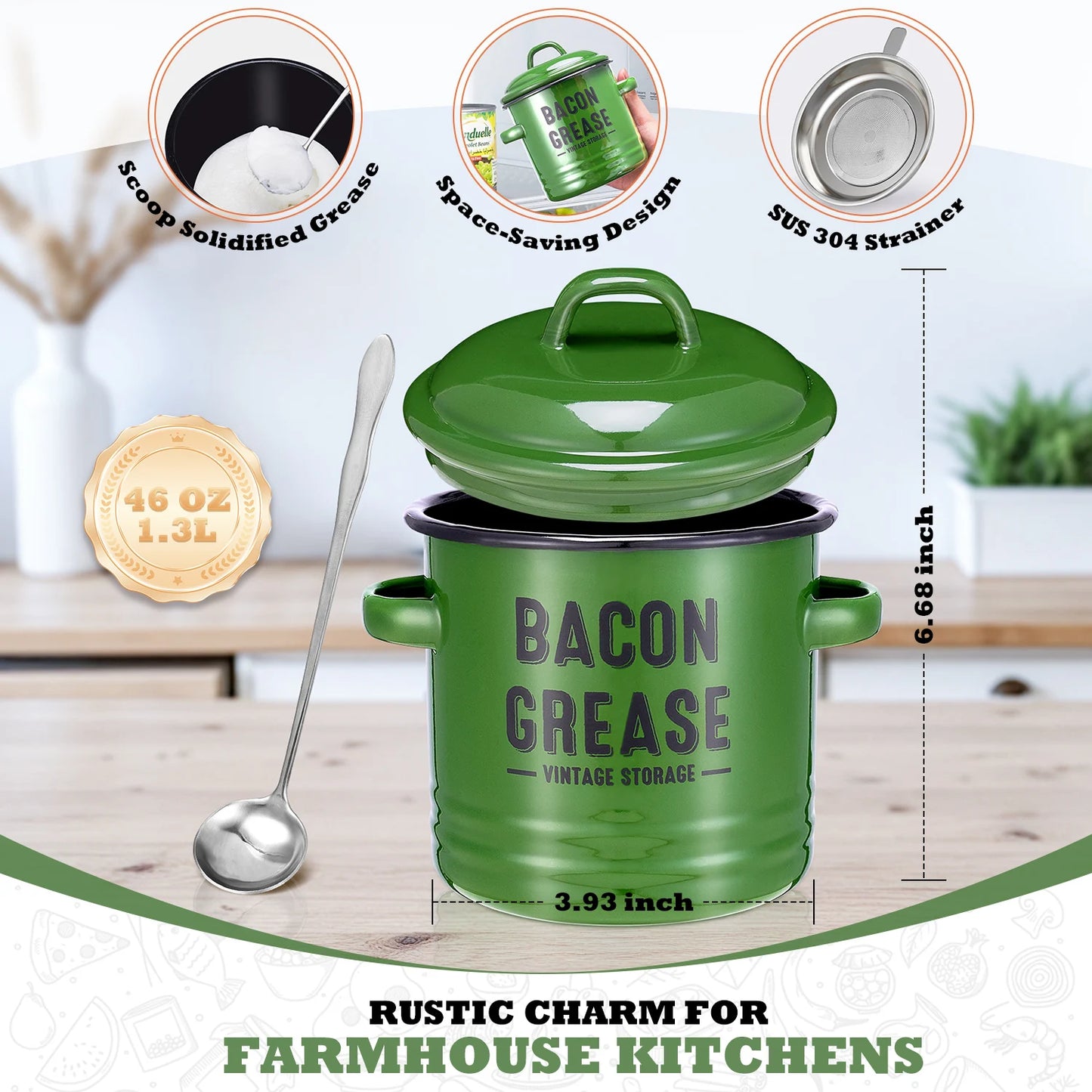 Bacon Grease Container with Strainer - Large 46OZ Red Kitchen Oil Storage Can, Food Saver Bin with Lid | Farmhouse Pot Green